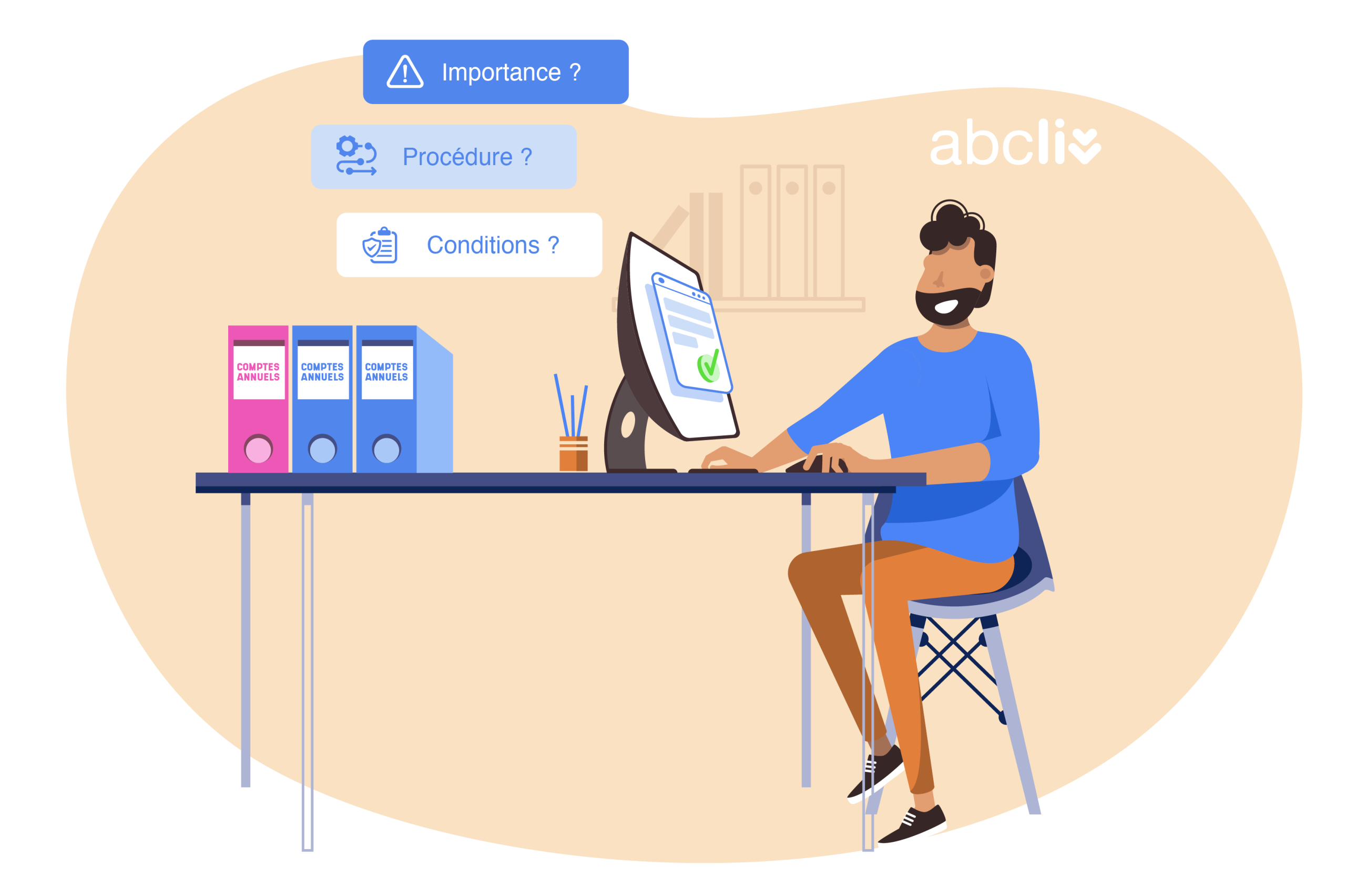 Un homme barbu sur son bureau avec ces comptes annuel qui son en cours de traitement