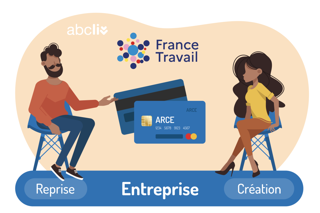 Deux personnes discutent de l'ARCE fournie par France Travail.