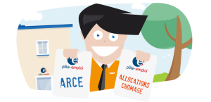 Illustration d'un personnage souriant tenant deux pancartes avec les mentions "ARCE" et "ALLOCATIONS CHÔMAGE" du Pôle Emploi.