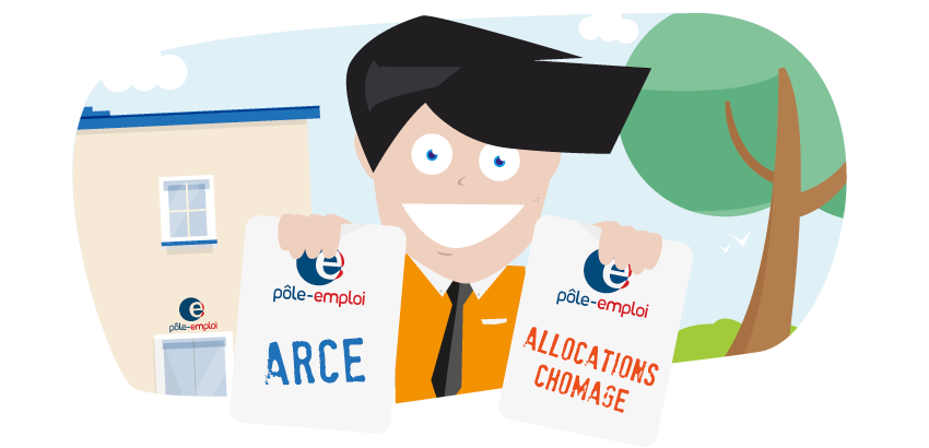 Illustration d'un personnage souriant tenant deux pancartes avec les mentions "ARCE" et "ALLOCATIONS CHÔMAGE" du Pôle Emploi.